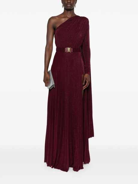 ELISABETTA FRANCHI Rouge Noir Pleated Belted Evening Gown