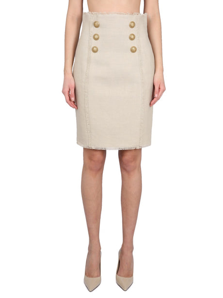 BALMAIN Linen Midi Skirt with Back Zipper Closure