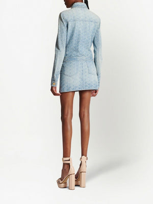 BALMAIN Luxurious Denim Tweed Jacket for Women - Light Blue, Golden Embossed Buttons