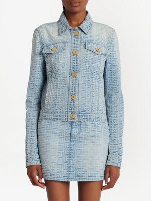 BALMAIN Luxurious Denim Tweed Jacket for Women - Light Blue, Golden Embossed Buttons