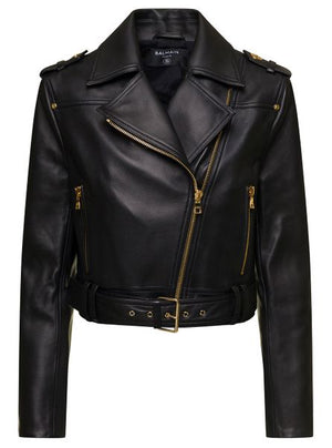 BALMAIN Minimalistic Cropped Leather Biker Jacket for Women