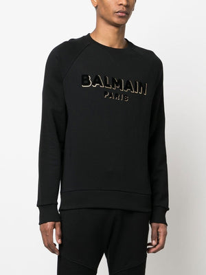 BALMAIN Men's Logo-Print Crew Neck Sweatshirt in Black Cotton