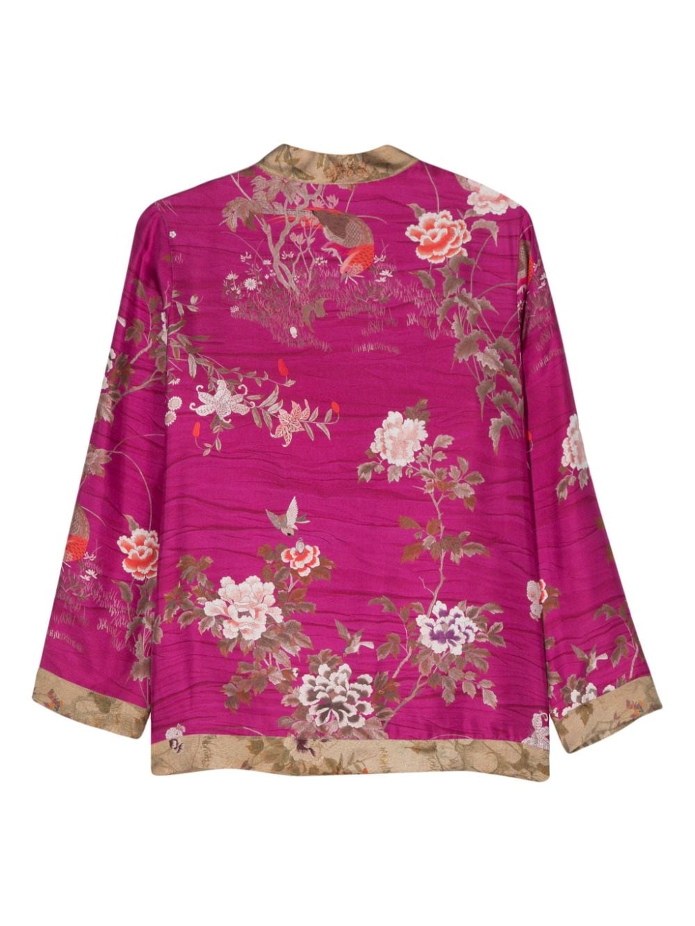 معطف حريري وردي فوشيا بطبعات زهور للنساء - تصميم انعكاسي بدون ياقة خارجية