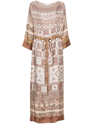 PIERRE LOUIS MASCIA Multicolor Silk Long Dress with Drop Shoulders and Tied Waist