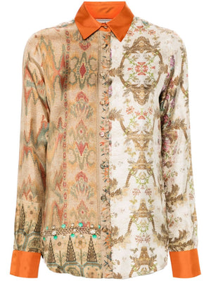 PIERRE LOUIS MASCIA Floral Silk Shirt - Almond Beige and Multicolor Women's Fashion