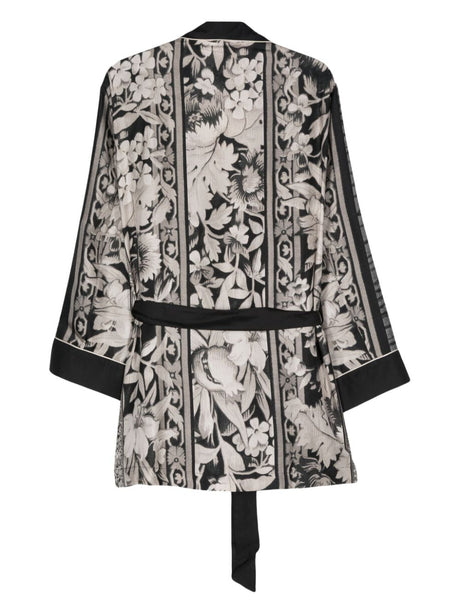 綢緞印花夾克，配有裝飾邊條和自繫綁帶
