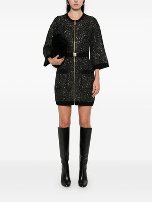 ELISABETTA FRANCHI Black Sequin-Embellished Mini Dress with Zip Detail