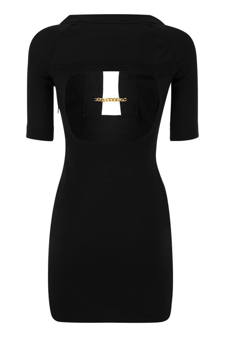 ELISABETTA FRANCHI Black Shiny Minidress with Twin Buttons and Cut-Out Motif