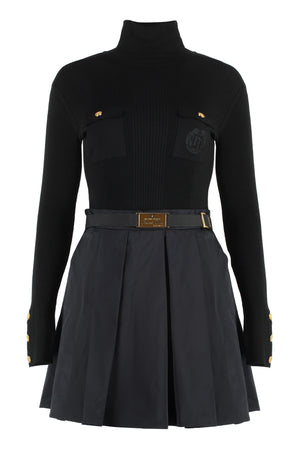 ELISABETTA FRANCHI Knit Dress with Pleated Skirt and Coordinated Belt