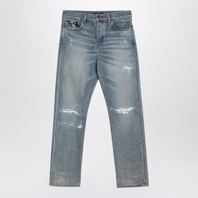 AMIRI Antique Indigo Straight Ripped Jeans with Bandana Pocket Detail