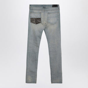 AMIRI Leopard Print Ripped Skinny Jeans - Antique Indigo