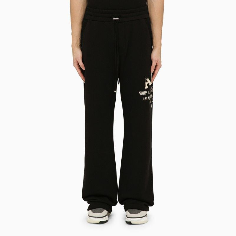 Black Cotton Men's Jogging Trousers with Side Logo Print and Leather Label