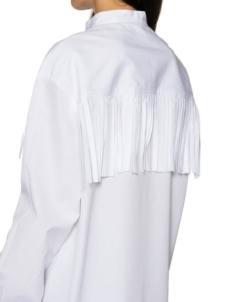 Fringed Cotton Shirt with Korean Neck and Embroidered Logo for Women