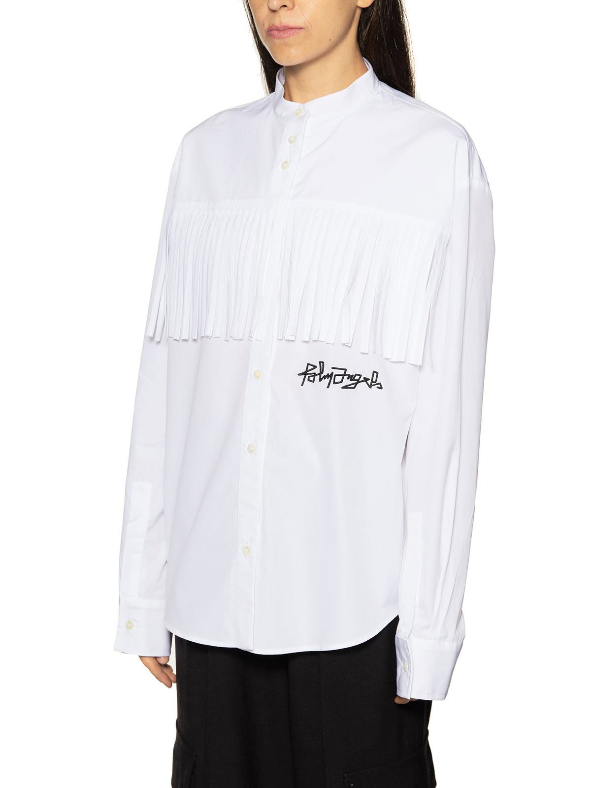 PALM ANGELS Fringed Cotton Shirt with Korean Neck and Embroidered Logo for Women