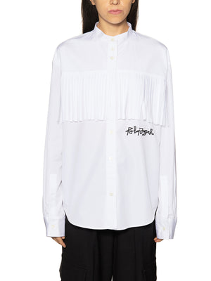 Fringed Cotton Shirt with Korean Neck and Embroidered Logo for Women