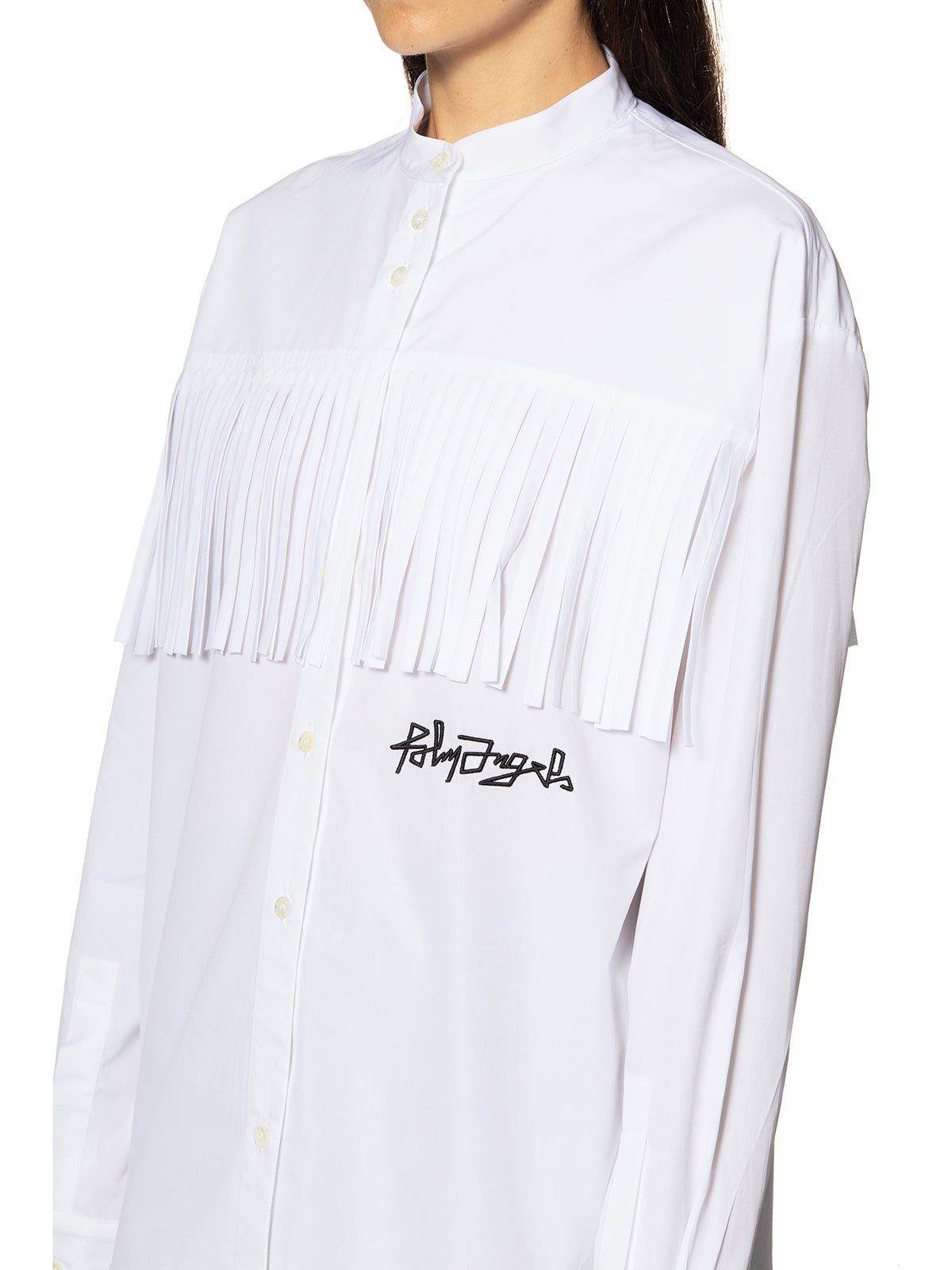 PALM ANGELS Fringed Cotton Shirt with Korean Neck and Embroidered Logo for Women