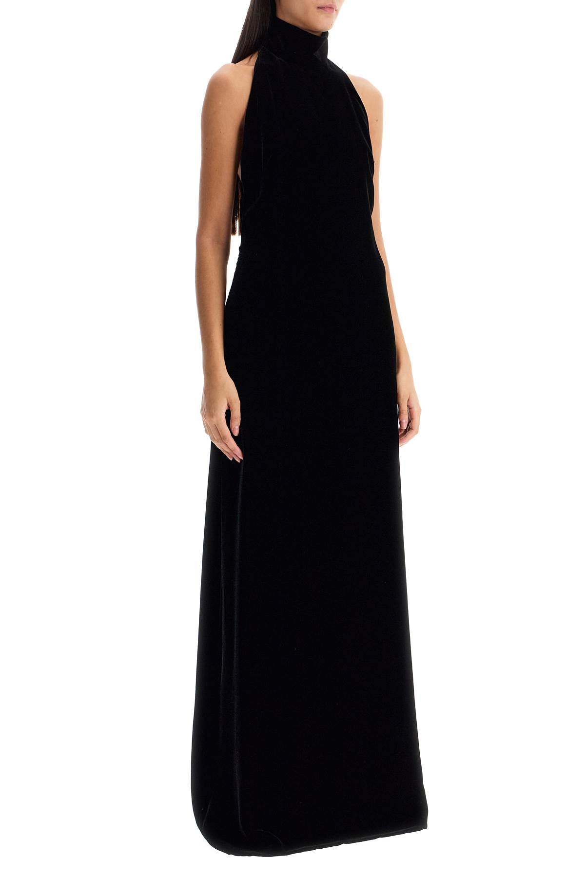 MAX MARA PIANOFORTE Fluid Long Velvet Dress with Open Back and Jewel Chain - Size IT 38