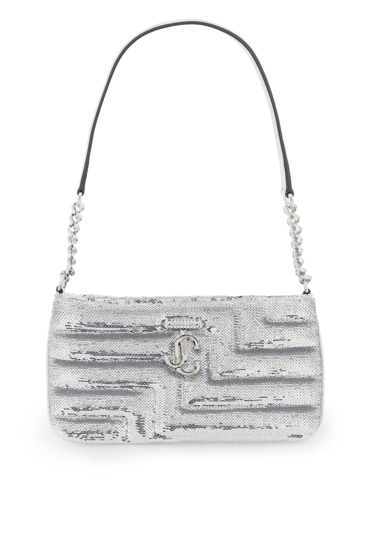 JIMMY CHOO Sequin Embellished Silver Monogram Crossbody Handbag with Satin Lining