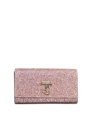 JIMMY CHOO Pink Glitter Avenue Wallet with Pearl Strap for Women