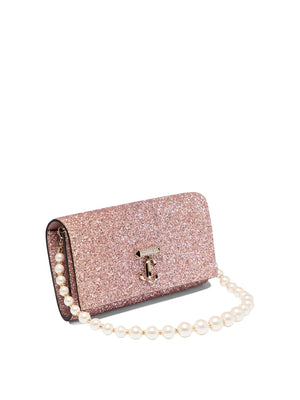 JIMMY CHOO Pink Glitter Avenue Wallet with Pearl Strap for Women