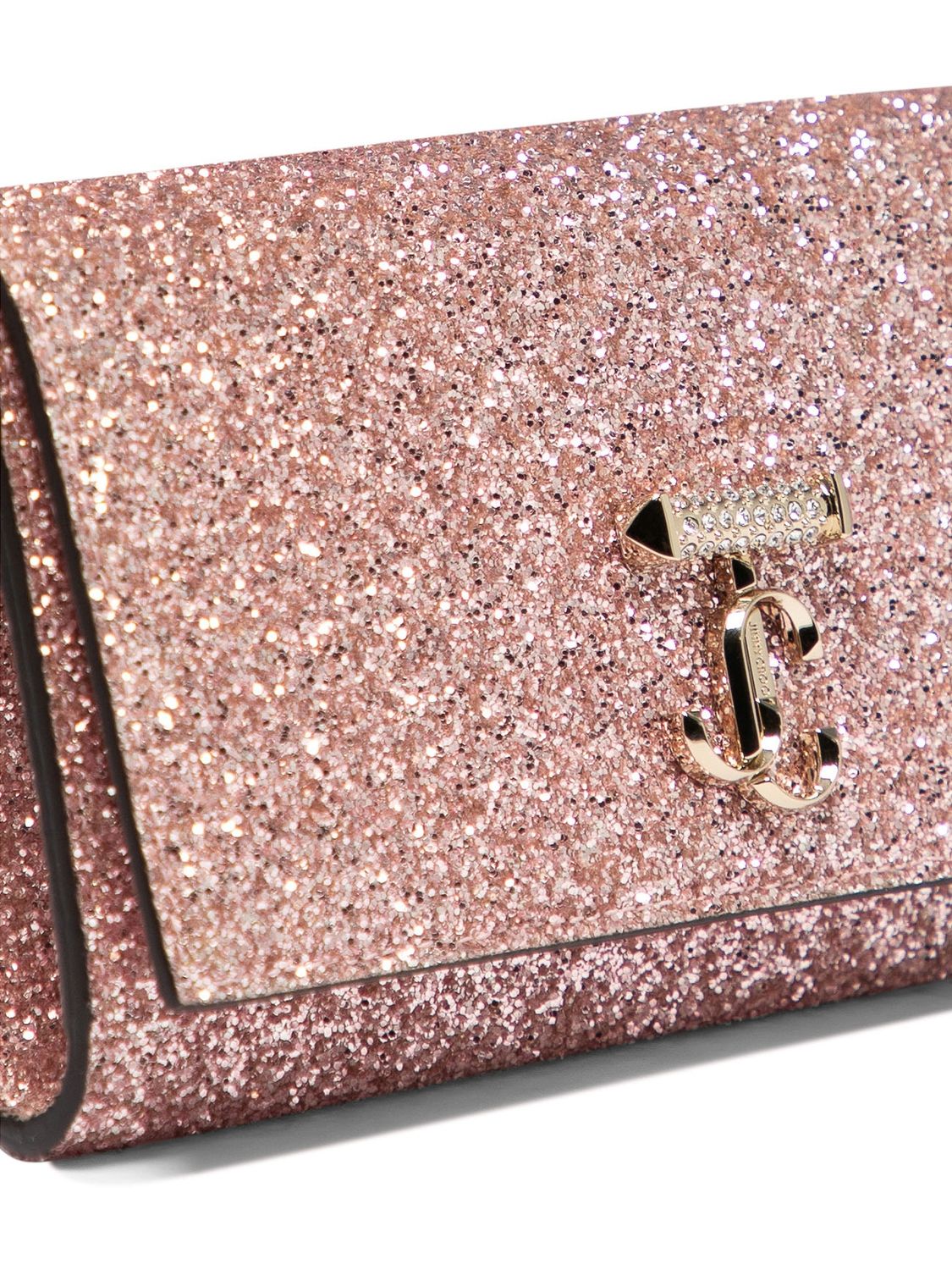 JIMMY CHOO Pink Glitter Avenue Wallet with Pearl Strap for Women