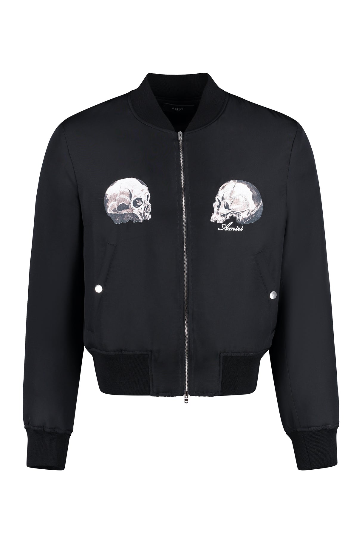 Men's Silk Bomber Jacket with Dual Skull Print in Black for FW22
