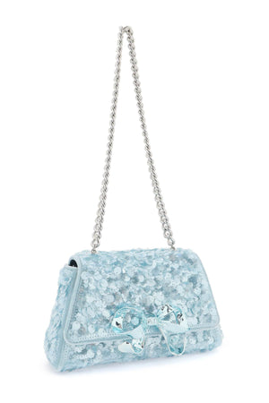 SELF-PORTRAIT Sequined Velvet Mini Shoulder Bag with Metallic Bow Detail - Light Blue