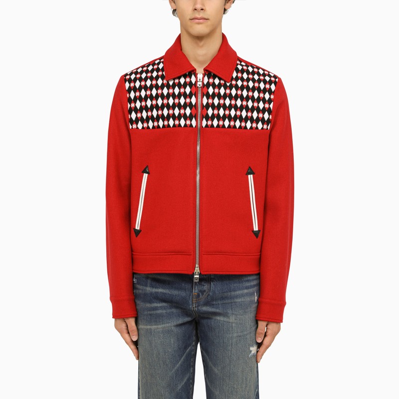 紅色枸杞羊毛混紡夾克，鑲嵌菱形圖案