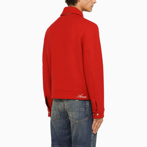 Áo khoác len phối lông cừu đỏ với hoa văn kim cương