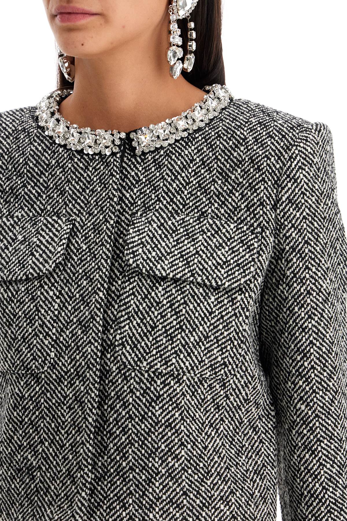 SELF-PORTRAIT Mini Speckled Houndstooth Jacket with Crystal Trim