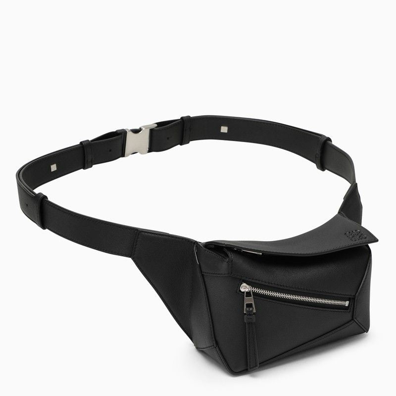 LOEWE Mini Puzzle Dark Grey Leather Crossbody Bumbag with Adjustable Strap and Silver-Tone Clasp