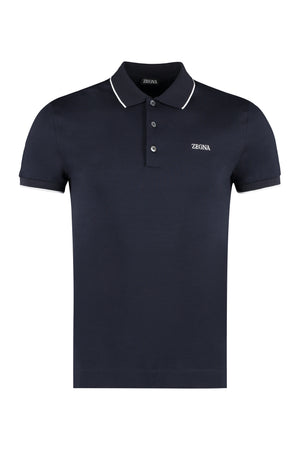 ZEGNA Blue Men's Cotton-Piqué Polo Shirt with Ribbed Collar and Sleeves