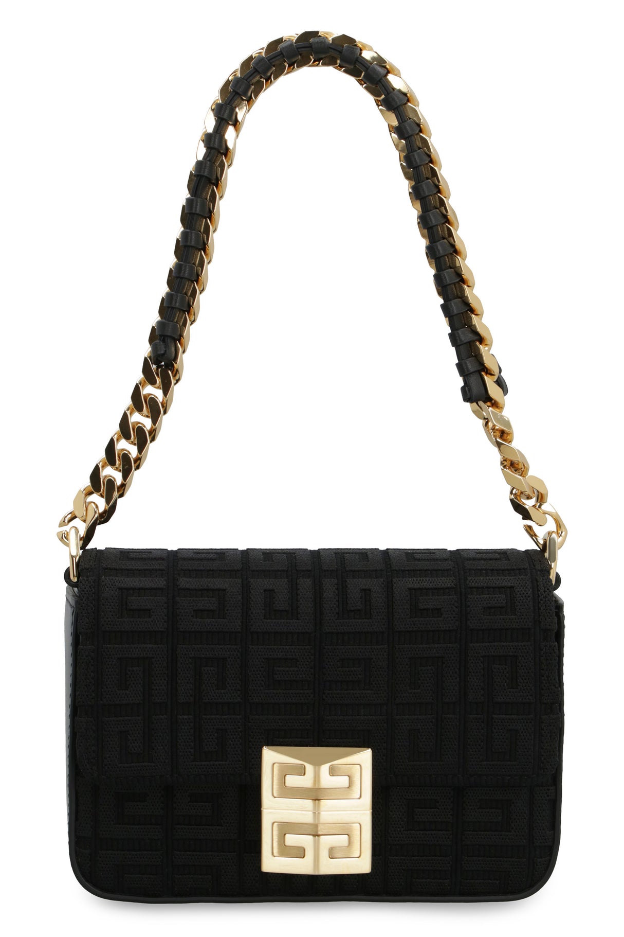 GIVENCHY Black Canvas Embroidered 4G Mini Handbag with Leather-Interlaced Chain Strap and Gold-Tone Accents