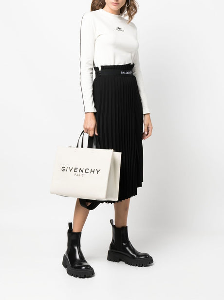 GIVENCHY Chic Medium Canvas Logo Print Tote Handbag in Tan with Circular Handles