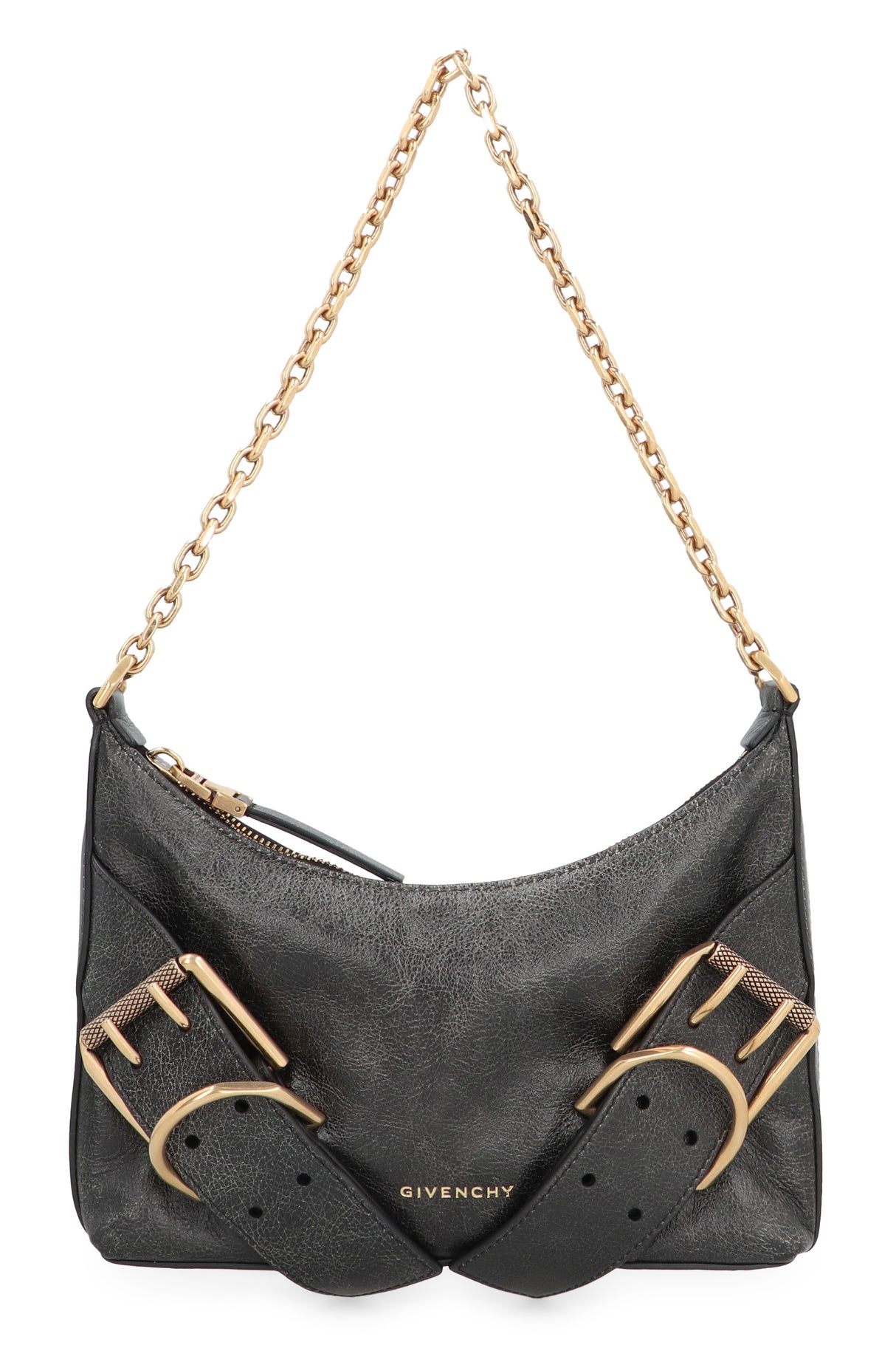 GIVENCHY Vintage Look Leather Shoulder Bag with Decorative Buckles and Chain Handle