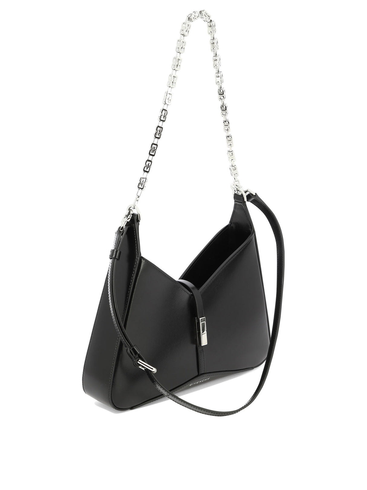 Black Shoulder Bag with Cut Out Details and G Cube Chain