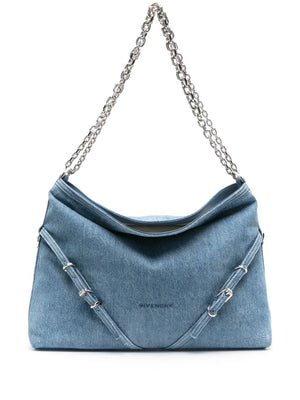 GIVENCHY Voyou Medium Denim Blue Shoulder Bag with Embroidered Logo and Chain-Link Strap