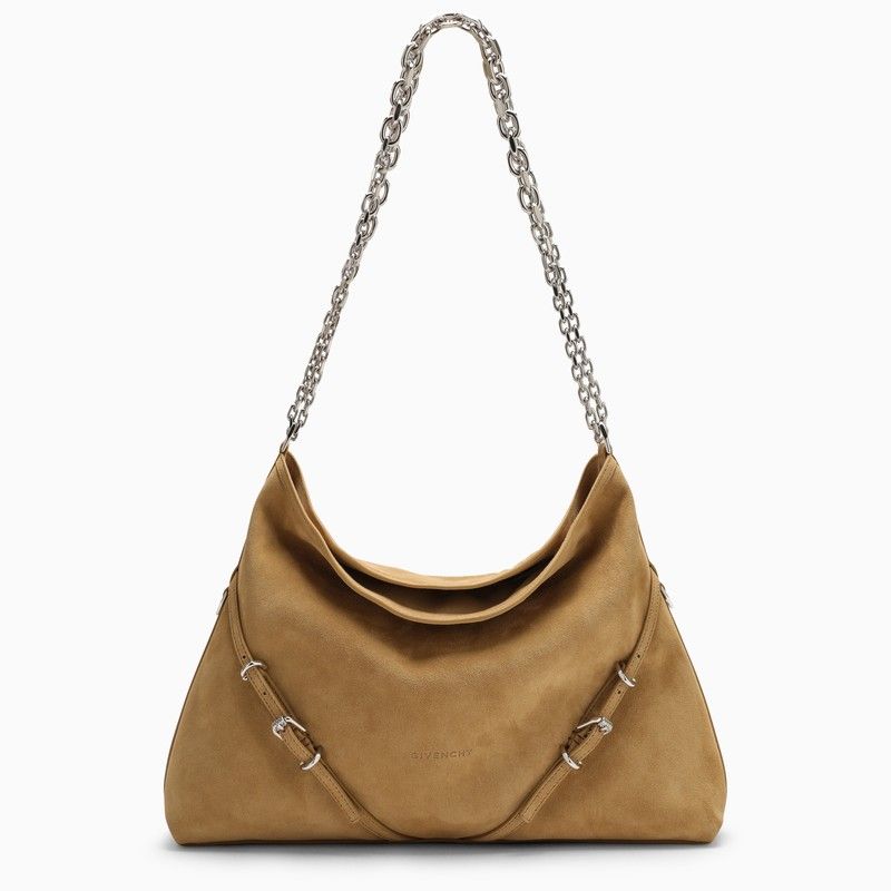 GIVENCHY Tan Suede Medium Voyou Shoulder Bag with Silver Chain Detail