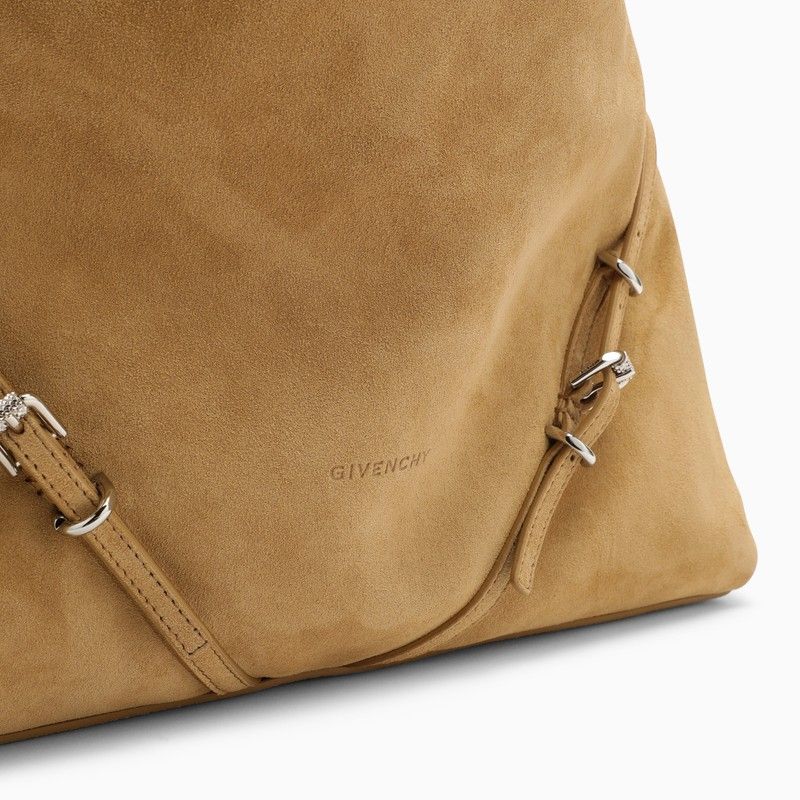 GIVENCHY Tan Suede Medium Voyou Shoulder Bag with Silver Chain Detail