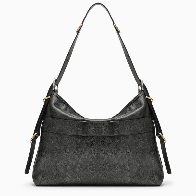 V字型切り替えデザインの黒色加工レザー女性用中サイズショルダーハンドバッグ