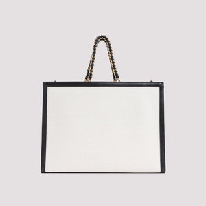 حقيبة يد نسائية متوسطة الحجم بتصميم إطار وسلسلة - من قماش قطني مخلوط بلون بيج