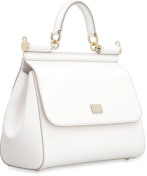 DOLCE & GABBANA White Sicily Medium Leather Crossbody Handbag with Top Handle and Detachable Strap