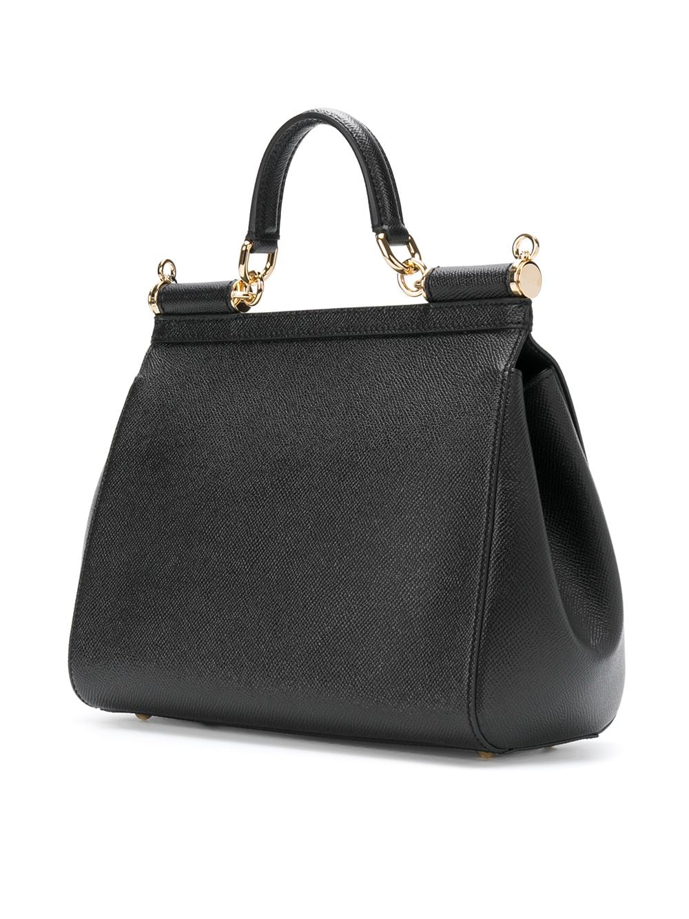 Túi xách da bê Sicily vân đen cỡ trung với chi tiết kim loại, kích thước 21x26x12cm