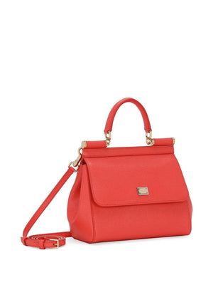 DOLCE & GABBANA Sicily Medium Coral Red Leather Handbag