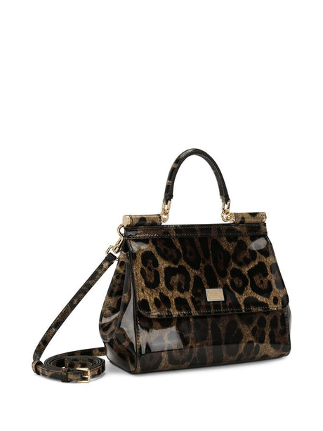 DOLCE & GABBANA Sicily Medium Leopard Print Leather Handbag with Gold-Tone Accents