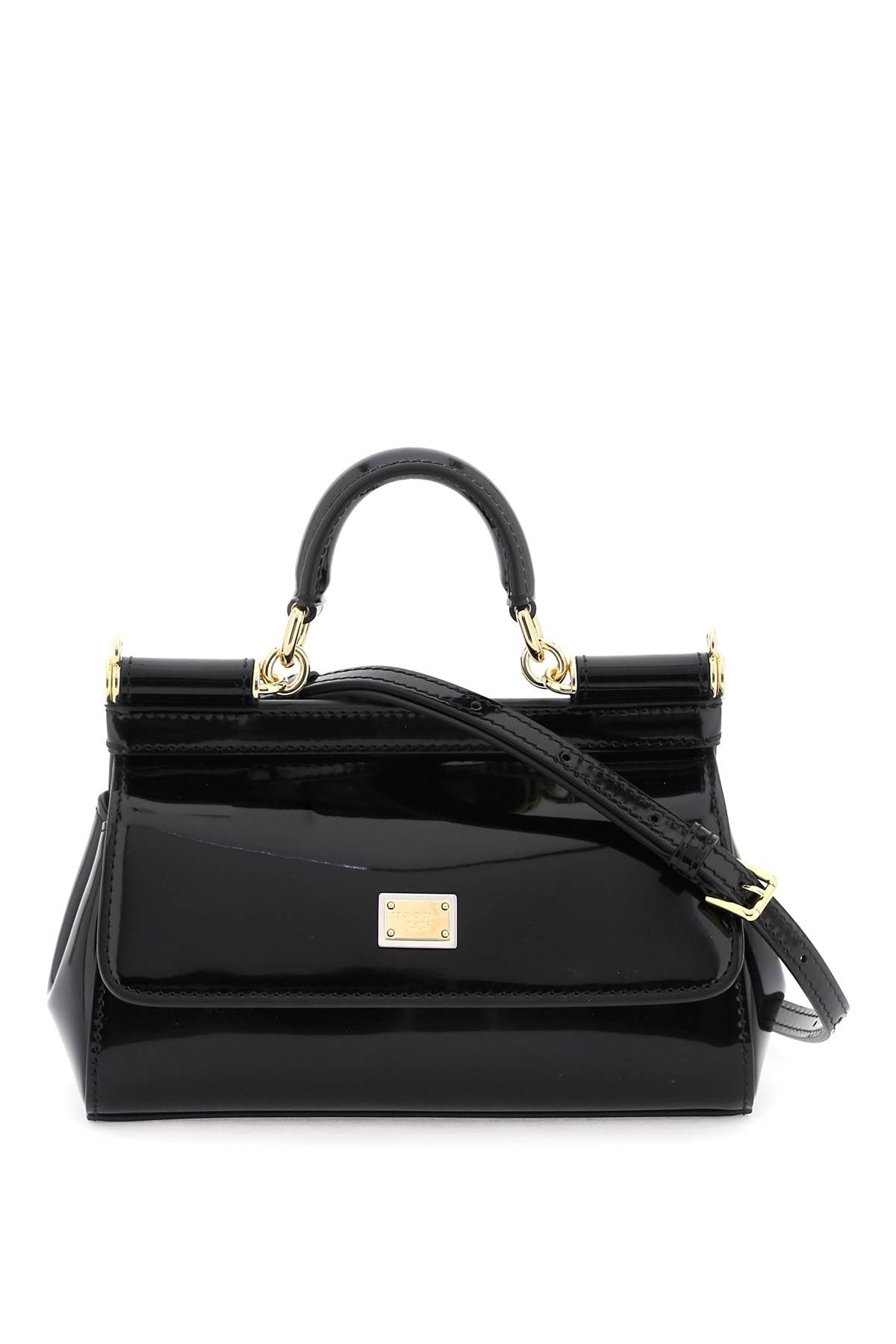DOLCE & GABBANA Mini Sicily Patent Leather Handbag with Leopard Lining and Adjustable Strap - Black