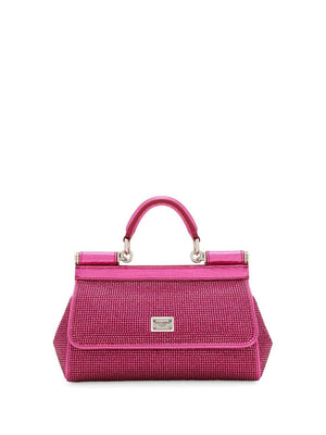 DOLCE & GABBANA Fuchsia Pink Mini Sicily Tote with Rhinestone Details and Silver-Tone Logo