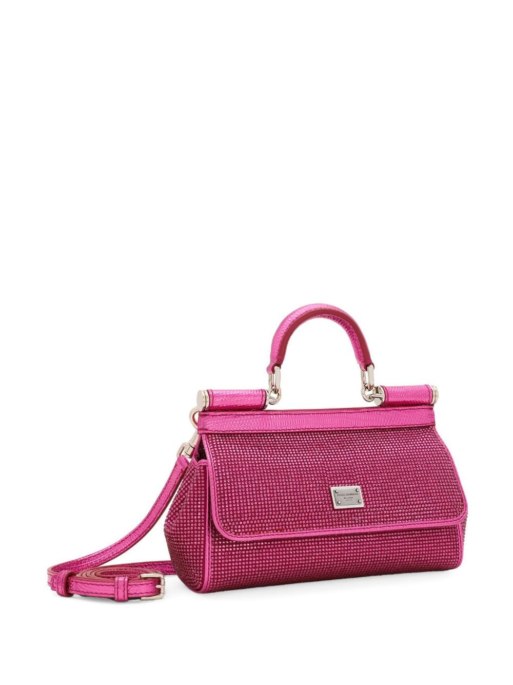 DOLCE & GABBANA Fuchsia Pink Mini Sicily Tote with Rhinestone Details and Silver-Tone Logo