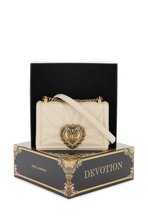 DOLCE & GABBANA Medium Devotion Quilted Nappa Leather Crossbody Handbag with Pearl Embellished Heart - White