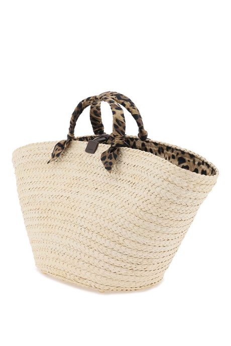 Kendra Woven Straw Tote Handbag with Leopard Print Silk Handles